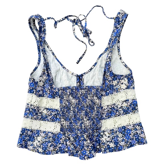 Free People Floral Tank Top Crochet Trim Button Down Sleeveless Blouse Medium - Picture 3 of 10